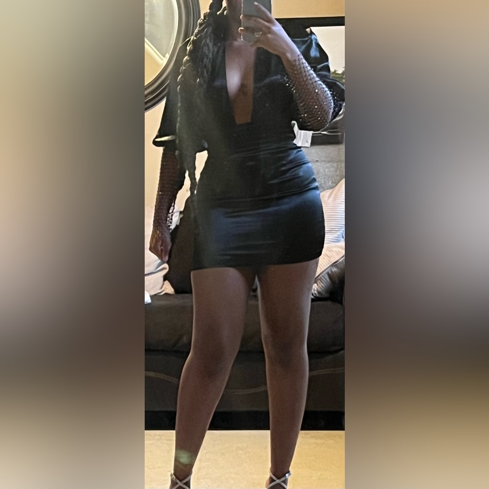 Black Sparkly Arm Open Back Dress